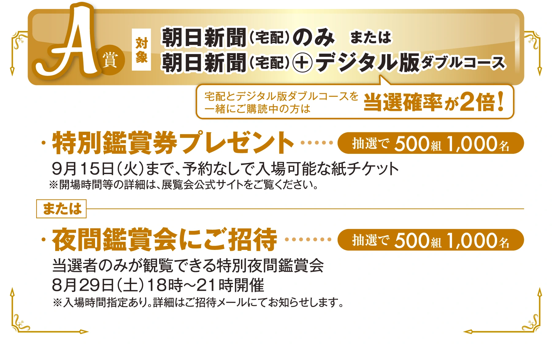 A賞（対象は朝日新聞（宅配）のみ　または朝日新聞（宅配）+デジタル版ダブルコース）
